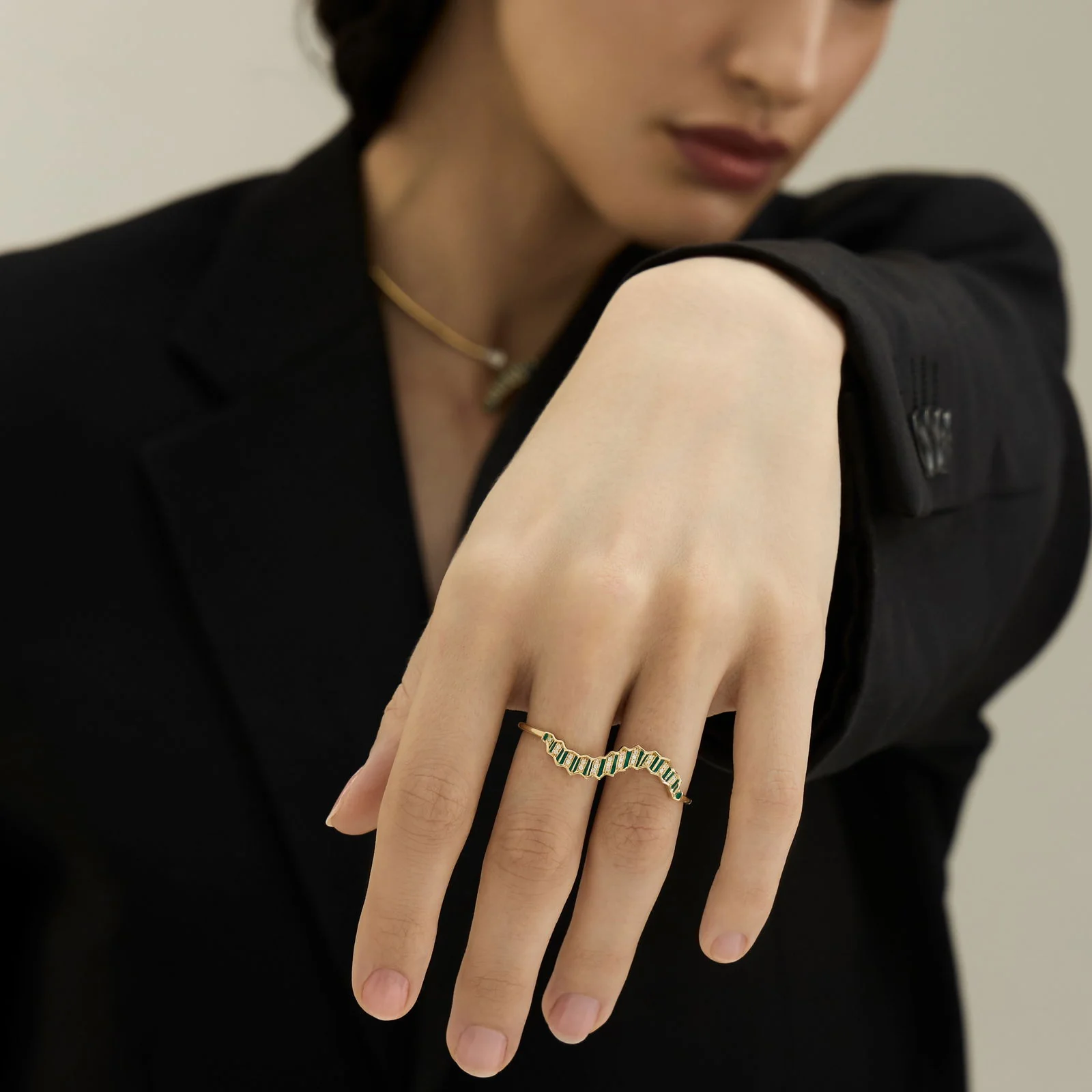 Pleated Ola Two Finger Gold Ring (White Enamel) - Image 3