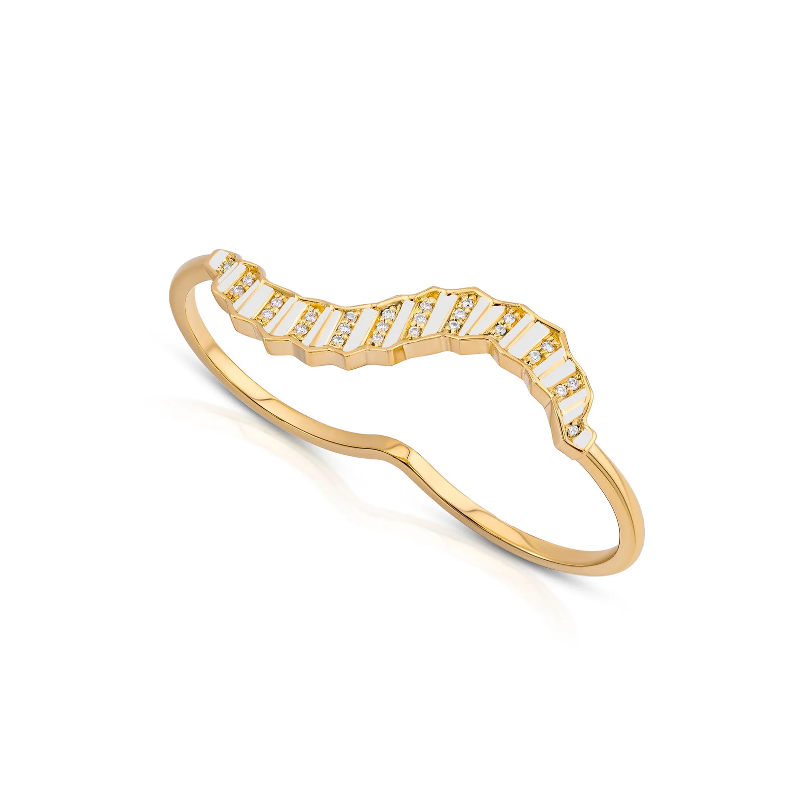 Pleated Ola Two Finger Gold Ring (White Enamel) - Image 4