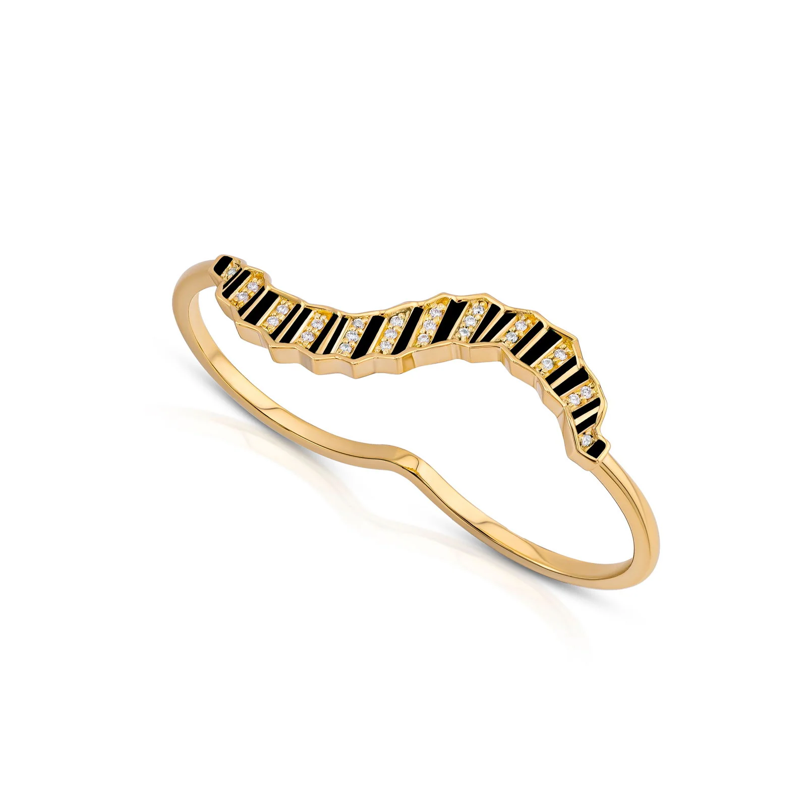 Pleated Ola Two Finger Gold Ring (Black Enamel) - Image 4