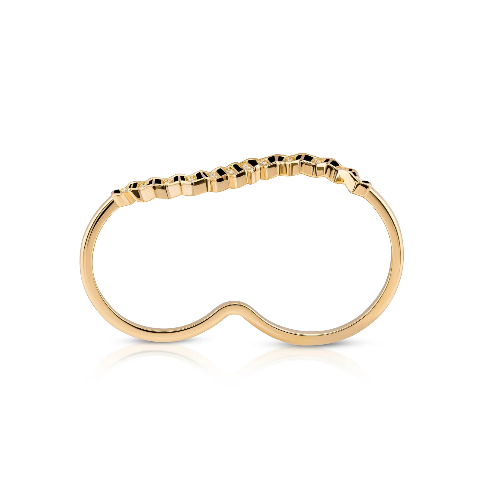 Pleated Ola Two Finger Gold Ring (Black Enamel) - Image 5