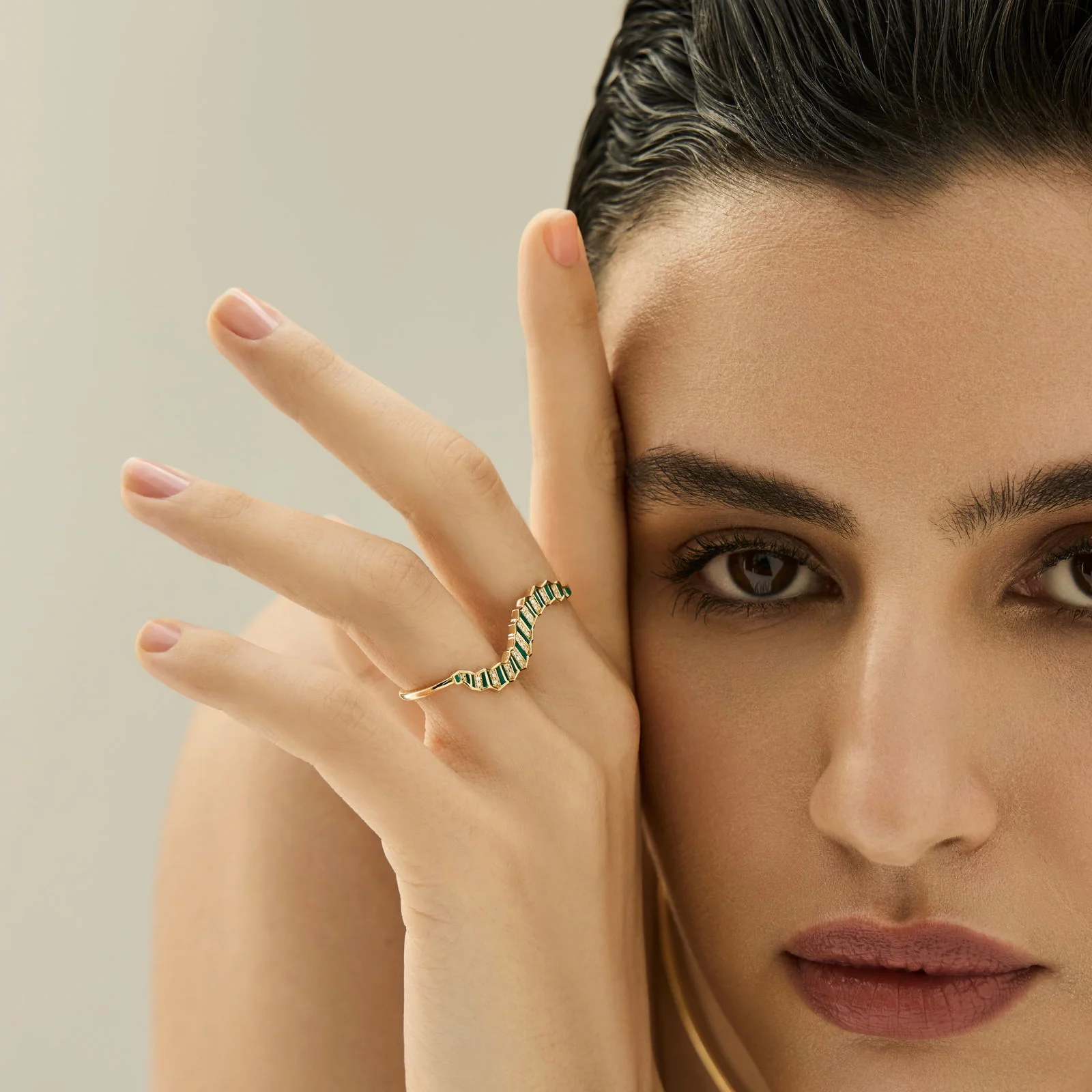 Pleated Ola Two Finger Gold Ring (Green Enamel) - Image 3