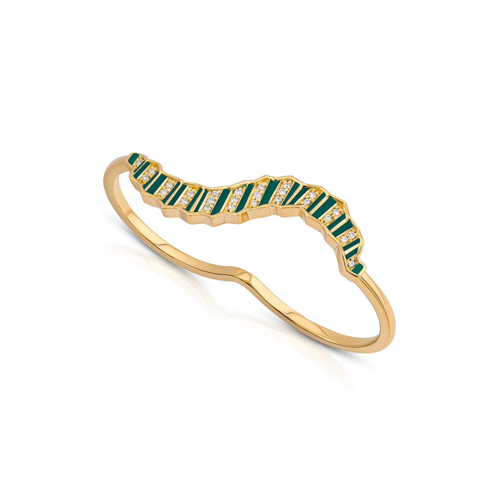 Pleated Ola Two Finger Gold Ring (Green Enamel) - Image 4