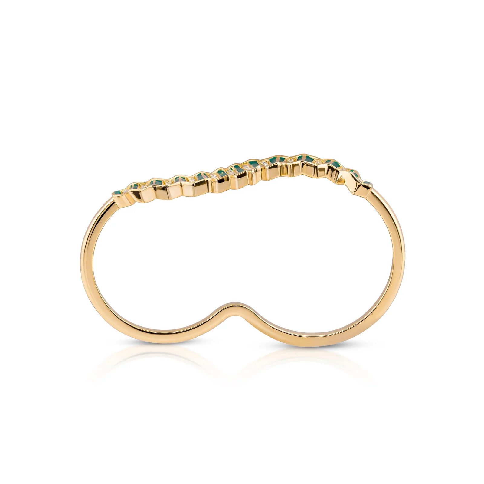 Pleated Ola Two Finger Gold Ring (Green Enamel) - Image 5